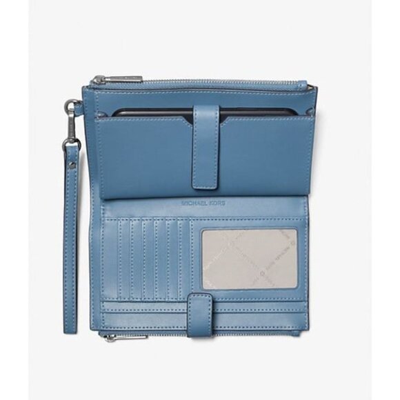 Michael Kors Jet Set Large Ombré Logo Double Zip Wristlet Wallet Denim - Picture 2 of 3